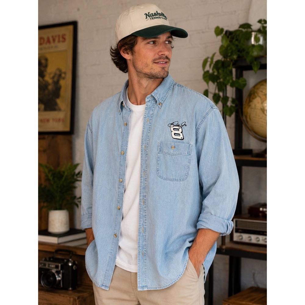 Vintage Chase Authentics Dale Jr 8 Denim Button Front Shirt Men's L NASCAR Y2K